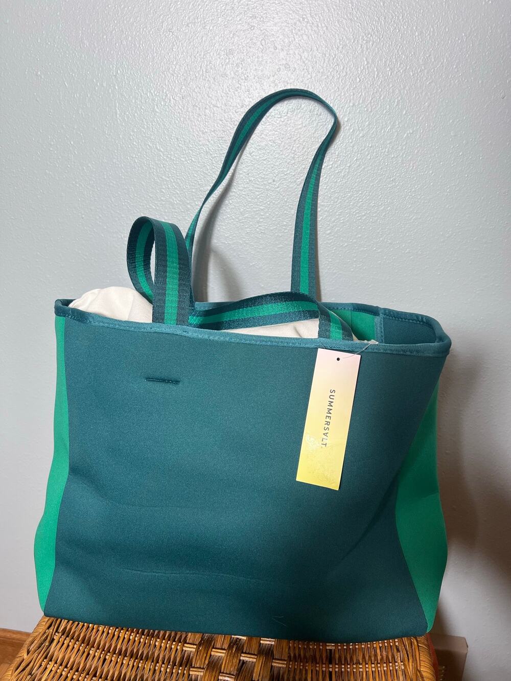 Summersalt Neoprene Emerald Green Tote Striped Bag L Pocket Beach Workout Travel